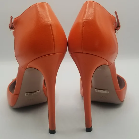 GUCCI Malage Kid Vibrant Orange Leather Studded T-strap Pump EU 36.5